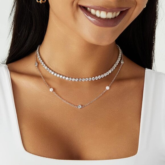 Cubic Zirconia Tennis Necklace for Women Silver Chain Choker Fashion Jewelry - Picture 3 of 8